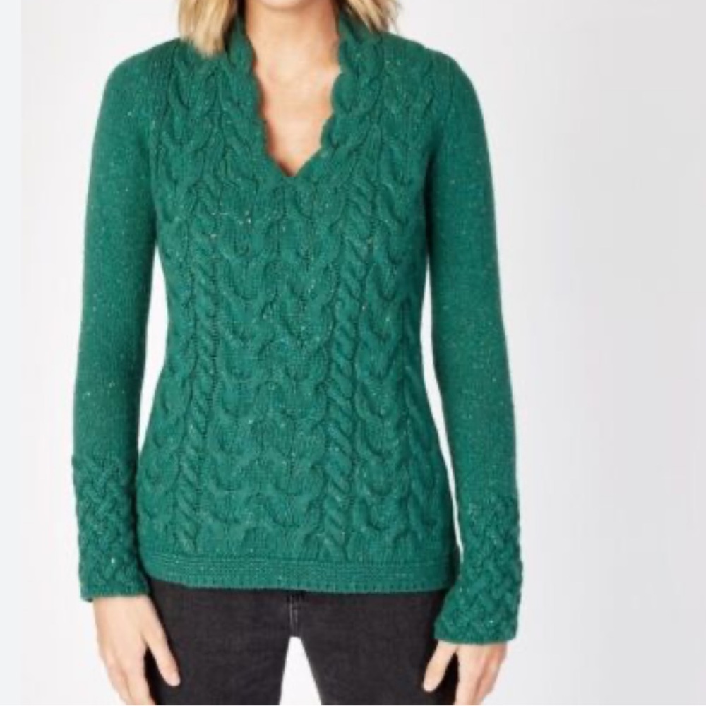 IrelandsEye Wool & Cashmere Green Horseshoe Cable V-Neck Sweater Size Small - Picture 2 of 7